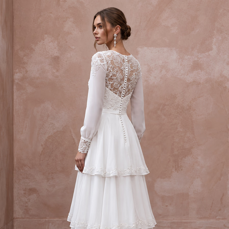 Modest Pure White Chiffon Tiered Skirt Long Sleeve Bridal Dress - Apparel & Accessories > Clothing > Wedding & Bridal Party Dresses > Wedding Dresses - Mignonette Bridal