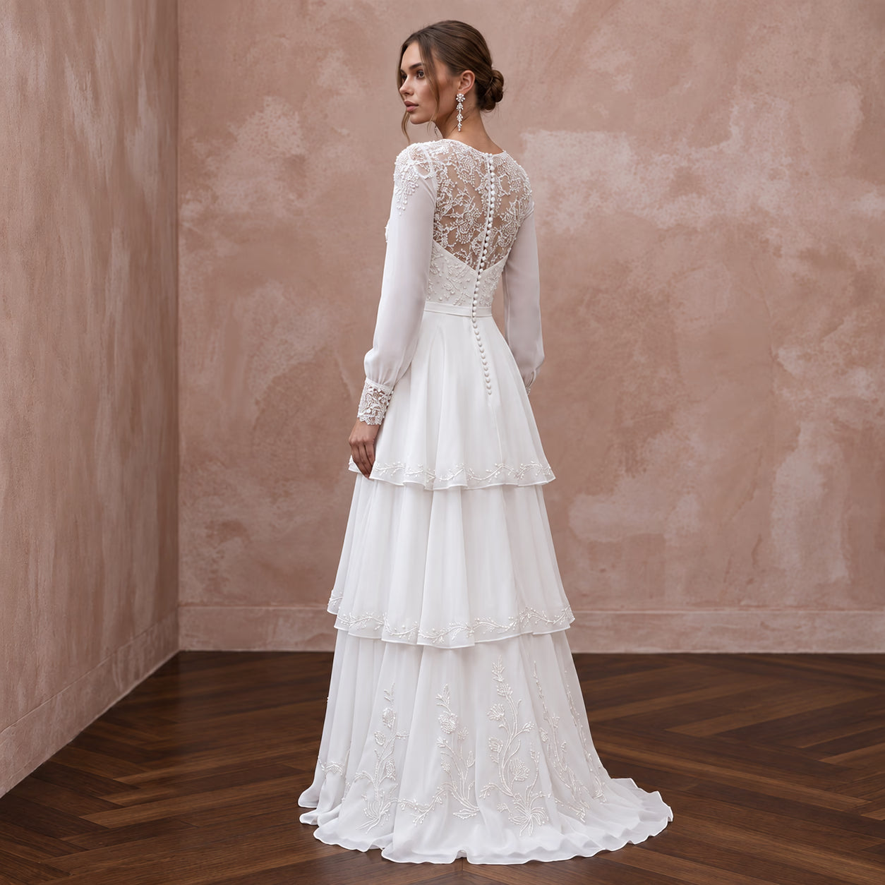 Modest Pure White Chiffon Tiered Skirt Long Sleeve Bridal Dress Secondary image