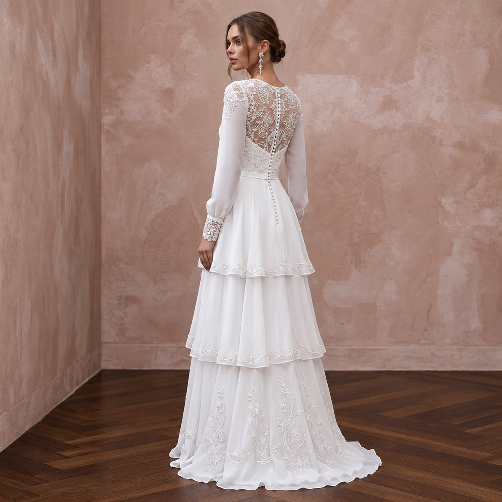 Modest Pure White Chiffon Tiered Skirt Long Sleeve Bridal Dress - Apparel & Accessories > Clothing > Wedding & Bridal Party Dresses > Wedding Dresses - Mignonette Bridal