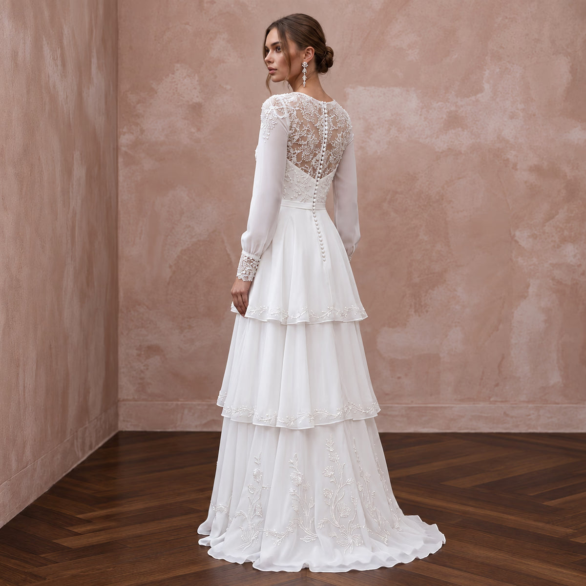 Modest Pure White Chiffon Tiered Skirt Long Sleeve Bridal Dress - Apparel & Accessories > Clothing > Wedding & Bridal Party Dresses > Wedding Dresses - Mignonette Bridal