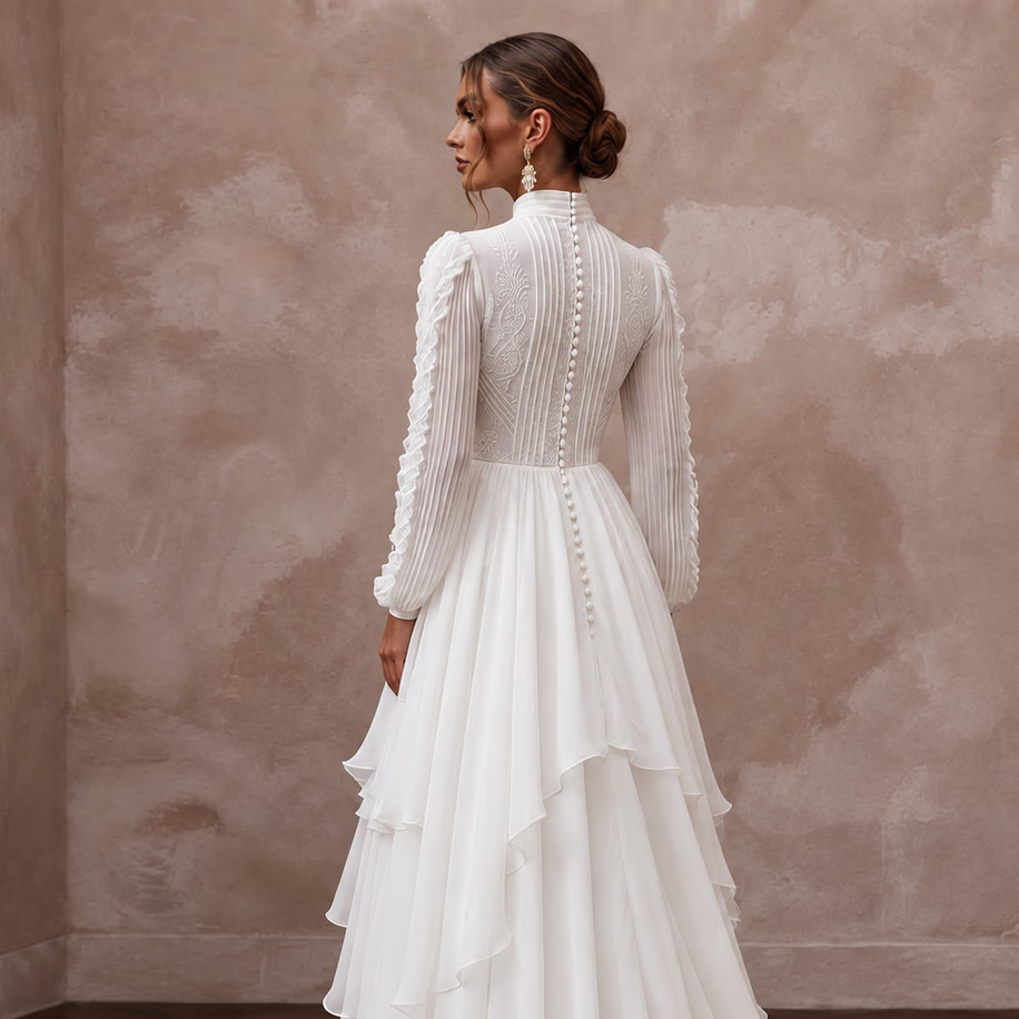 Modest Pure White Chiffon Tiered Skirt Long Sleeve Bridal Dress