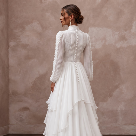 Modest Pure White Chiffon Tiered Skirt Long Sleeve Bridal Dress