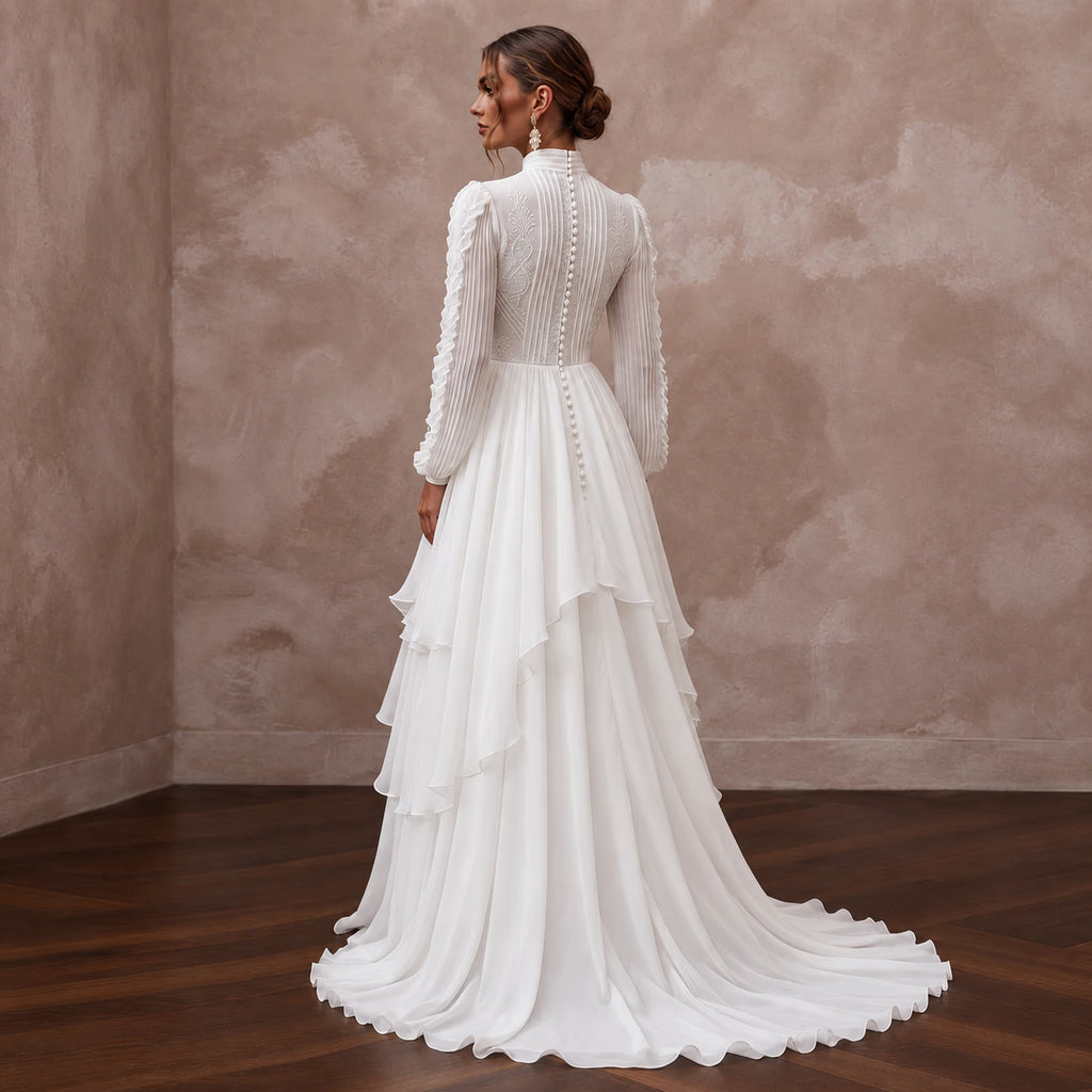 Modest Pure White Chiffon Tiered Skirt Long Sleeve Bridal Dress