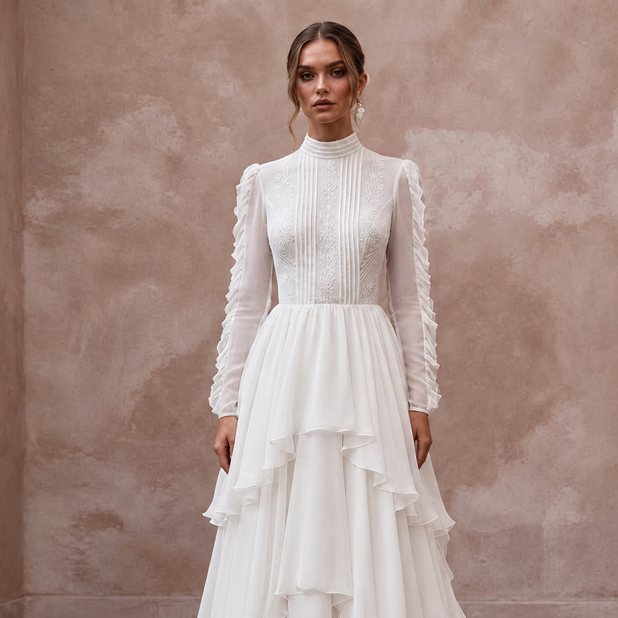 Modest Pure White Chiffon Tiered Skirt Long Sleeve Bridal Dress