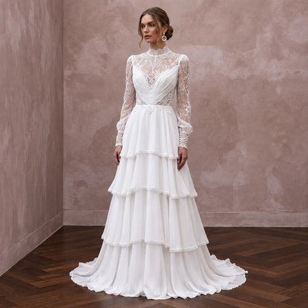 Modest Pure White Chiffon Tiered Skirt Long Sleeve Bridal Gown - Apparel & Accessories > Clothing > Wedding & Bridal Party Dresses > Wedding Dresses - Mignonette Bridal