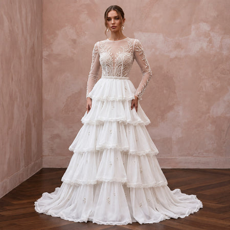 Modest Pure White Chiffon Tiered Skirt Long Sleeve Bridal Gown