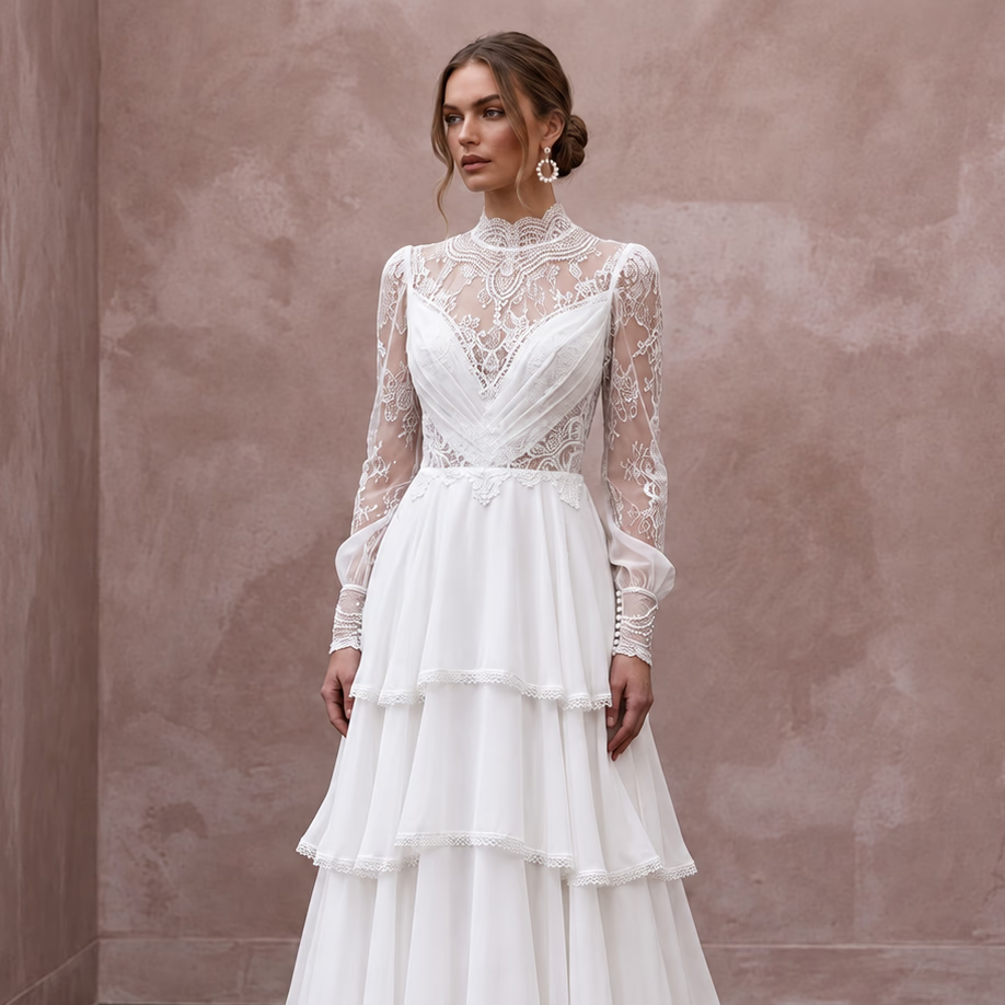 Modest Pure White Chiffon Tiered Skirt Long Sleeve Bridal Gown - Apparel & Accessories > Clothing > Wedding & Bridal Party Dresses > Wedding Dresses - Mignonette Bridal
