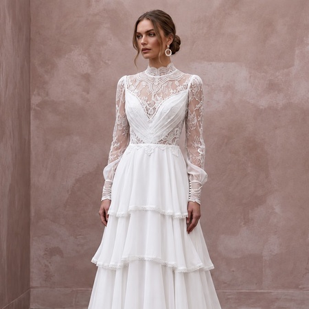 Modest Pure White Chiffon Tiered Skirt Long Sleeve Bridal Gown - Apparel & Accessories > Clothing > Wedding & Bridal Party Dresses > Wedding Dresses - Mignonette Bridal