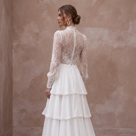 Modest Pure White Chiffon Tiered Skirt Long Sleeve Bridal Gown - Apparel & Accessories > Clothing > Wedding & Bridal Party Dresses > Wedding Dresses - Mignonette Bridal