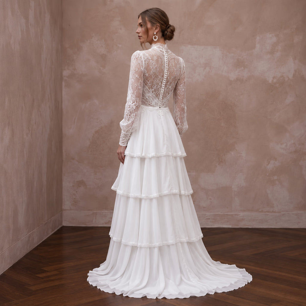 Modest Pure White Chiffon Tiered Skirt Long Sleeve Bridal Gown - Apparel & Accessories > Clothing > Wedding & Bridal Party Dresses > Wedding Dresses - Mignonette Bridal