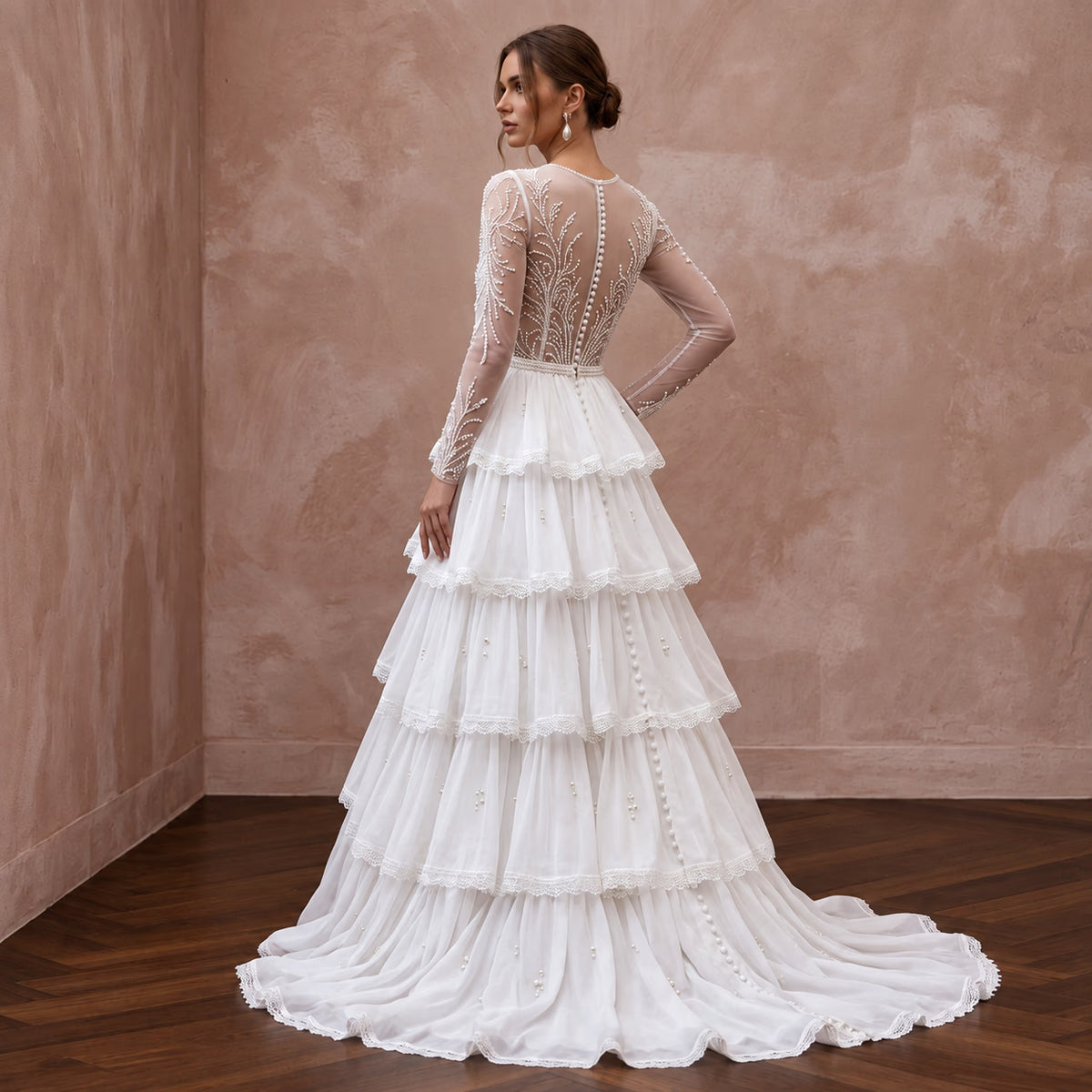 Modest Pure White Chiffon Tiered Skirt Long Sleeve Bridal Gown