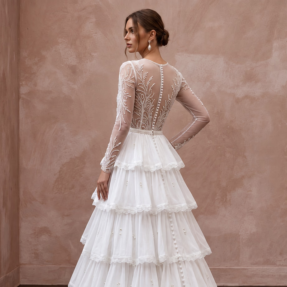 Modest Pure White Chiffon Tiered Skirt Long Sleeve Bridal Gown