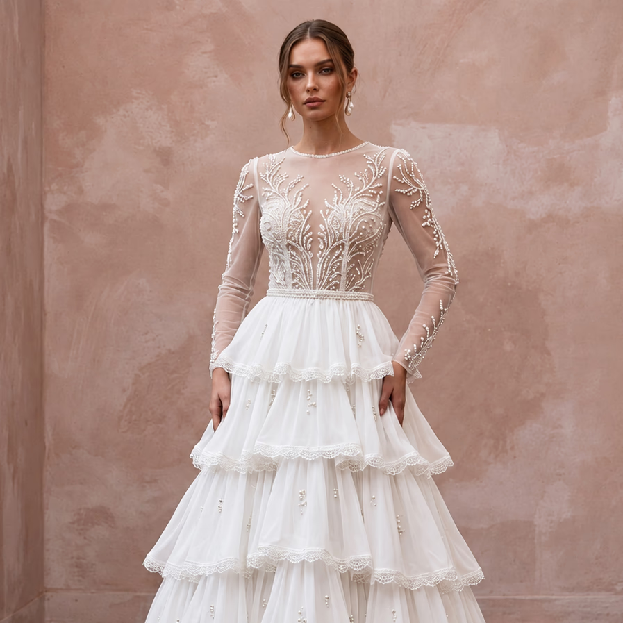Modest Pure White Chiffon Tiered Skirt Long Sleeve Bridal Gown