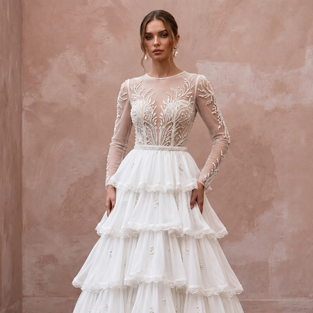 Modest Pure White Chiffon Tiered Skirt Long Sleeve Bridal Gown