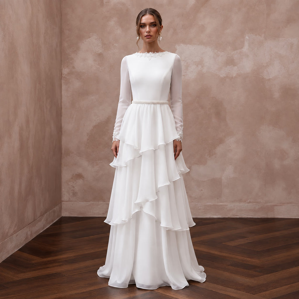 Modest Pure White Chiffon Tiered Skirt Long Sleeve Gown