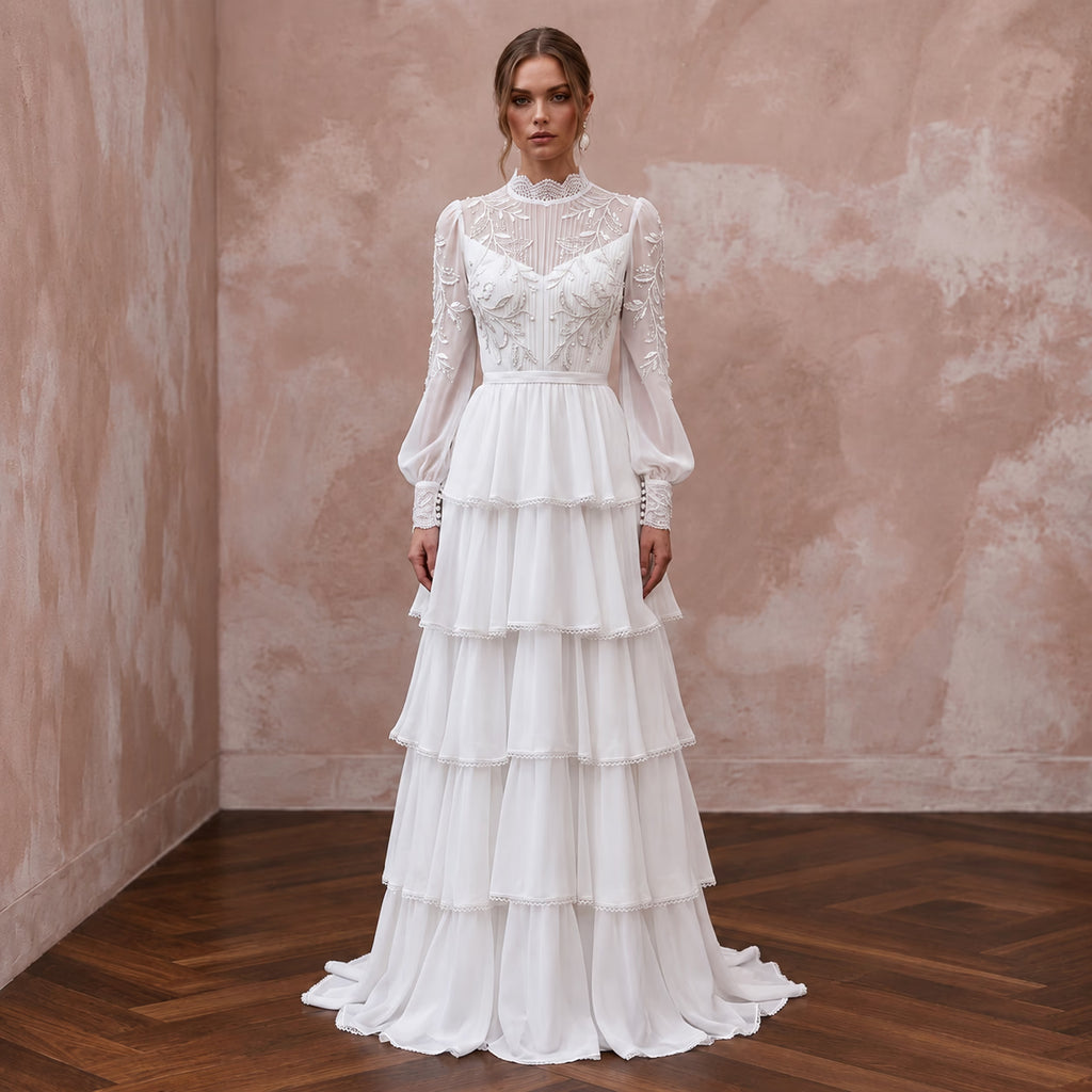 Modest Pure White Chiffon Tiered Skirt Long Sleeve Gown