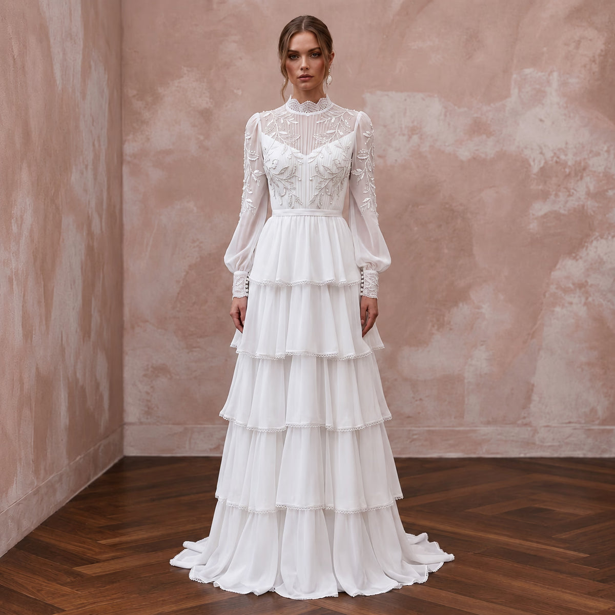 Modest Pure White Chiffon Tiered Skirt Long Sleeve Gown