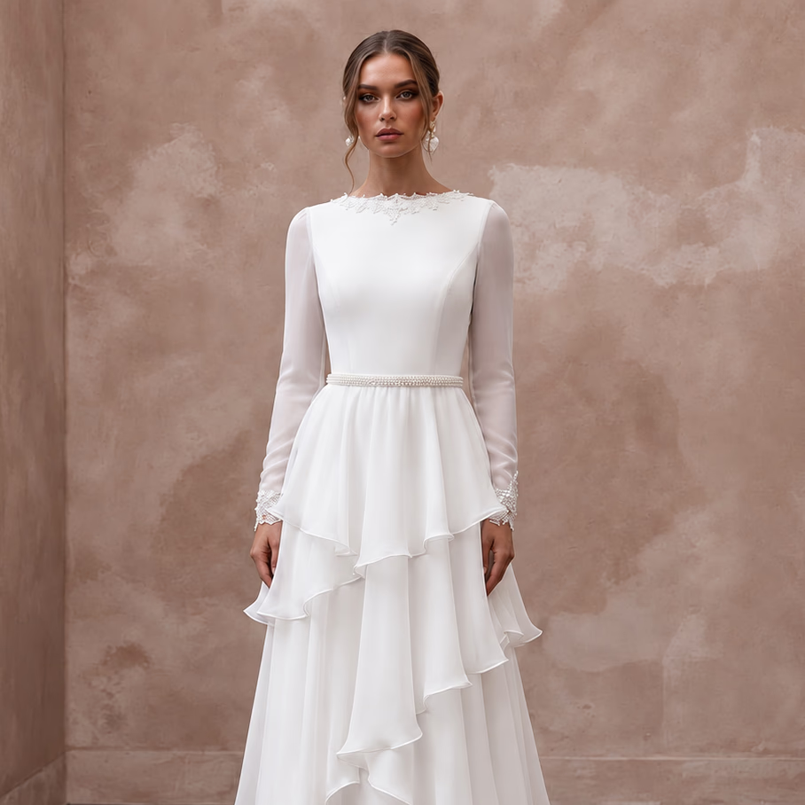 Modest Pure White Chiffon Tiered Skirt Long Sleeve Gown
