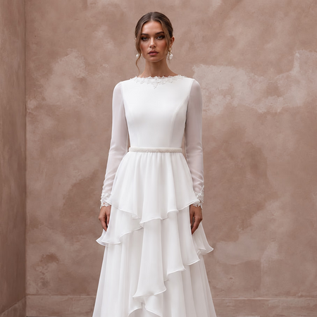 Modest Pure White Chiffon Tiered Skirt Long Sleeve Gown