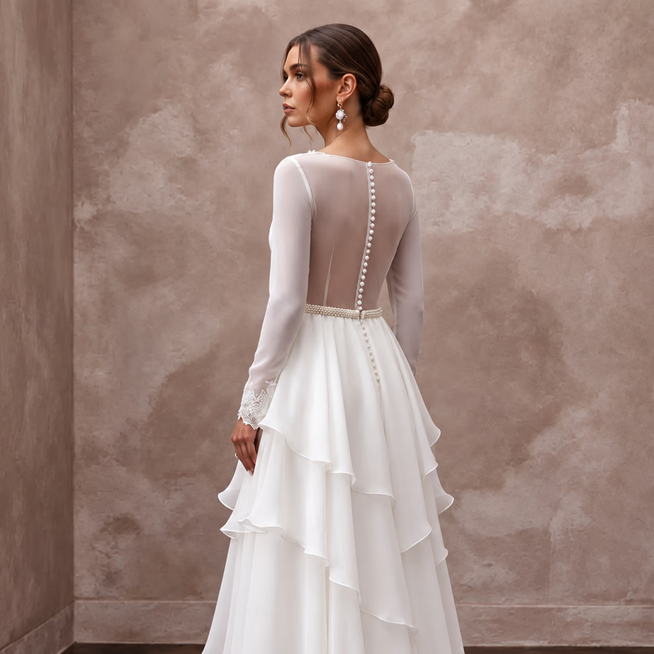 Modest Pure White Chiffon Tiered Skirt Long Sleeve Gown