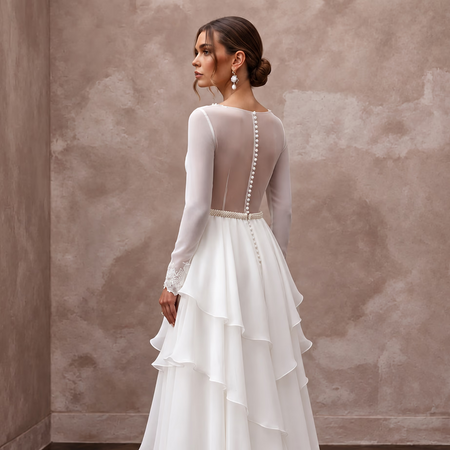 Modest Pure White Chiffon Tiered Skirt Long Sleeve Gown
