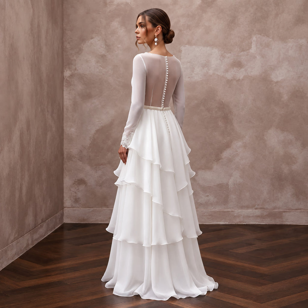 Modest Pure White Chiffon Tiered Skirt Long Sleeve Gown