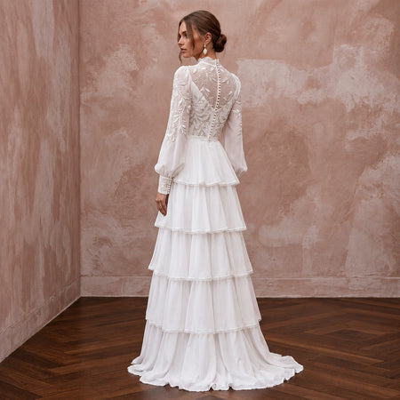 Modest Pure White Chiffon Tiered Skirt Long Sleeve Gown