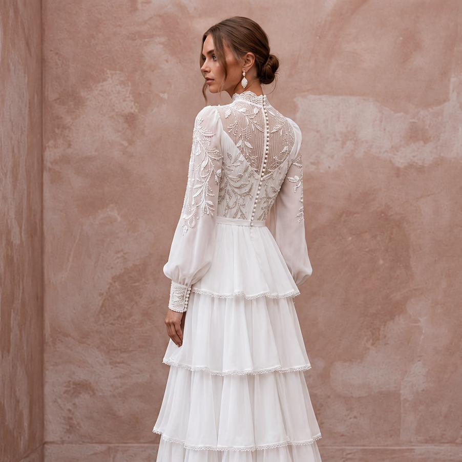 Modest Pure White Chiffon Tiered Skirt Long Sleeve Gown