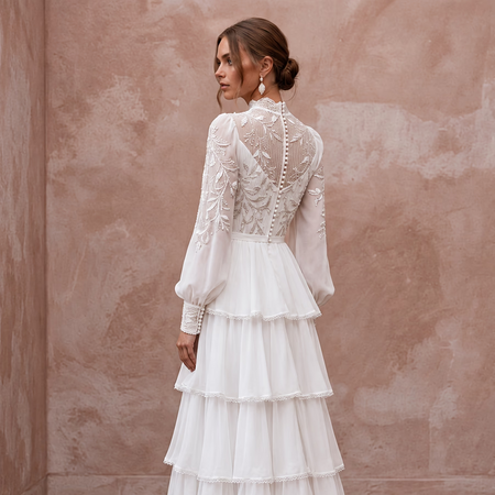 Modest Pure White Chiffon Tiered Skirt Long Sleeve Gown