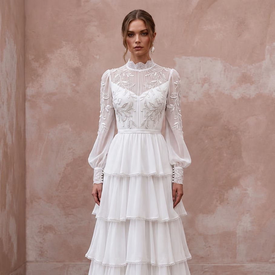 Modest Pure White Chiffon Tiered Skirt Long Sleeve Gown