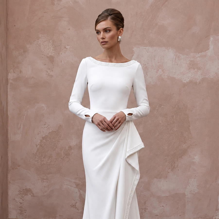 Modest Pure White Crepe Bateau Neck Long Sleeve Sheath Gown