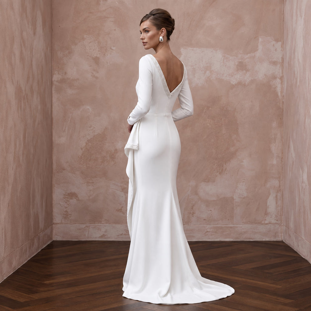 Modest Pure White Crepe Bateau Neck Long Sleeve Sheath Gown