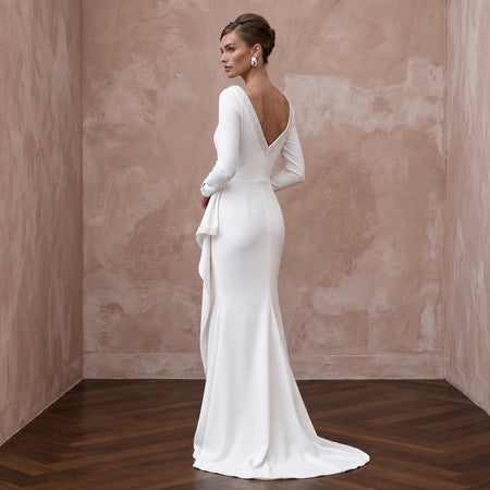 Modest Pure White Crepe Bateau Neck Long Sleeve Sheath Gown