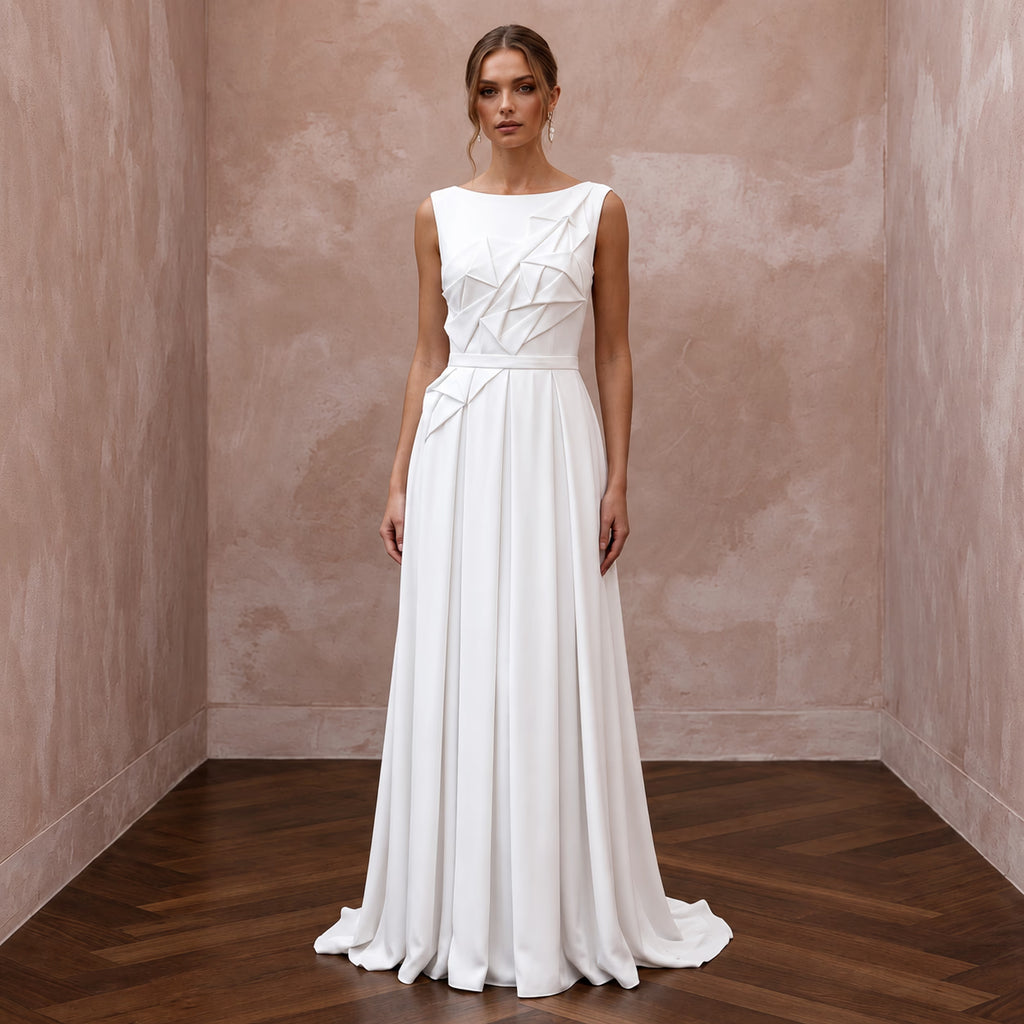 Modest Pure White Georgette Bateau Neck Pleated Ceremony Gown