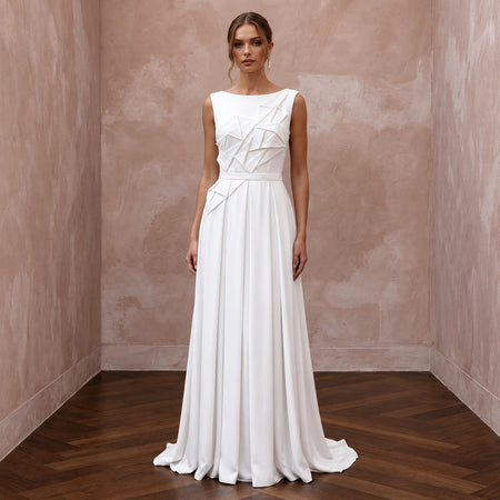 Modest Pure White Georgette Bateau Neck Pleated Ceremony Gown