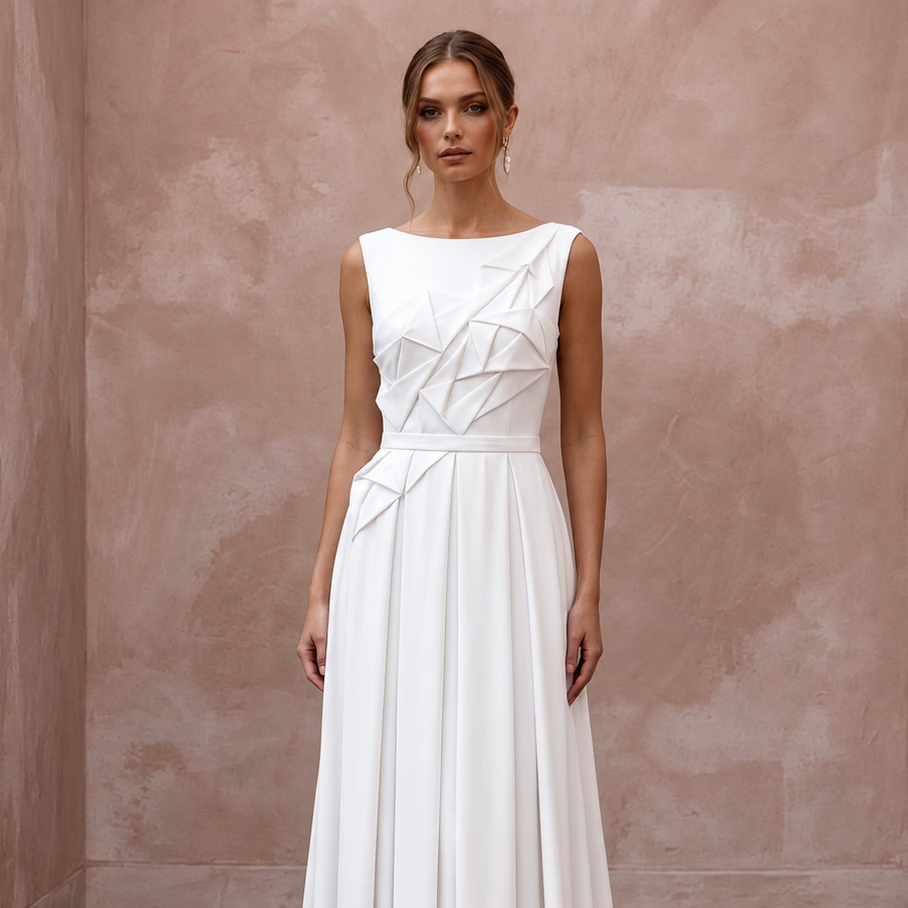 Modest Pure White Georgette Bateau Neck Pleated Ceremony Gown