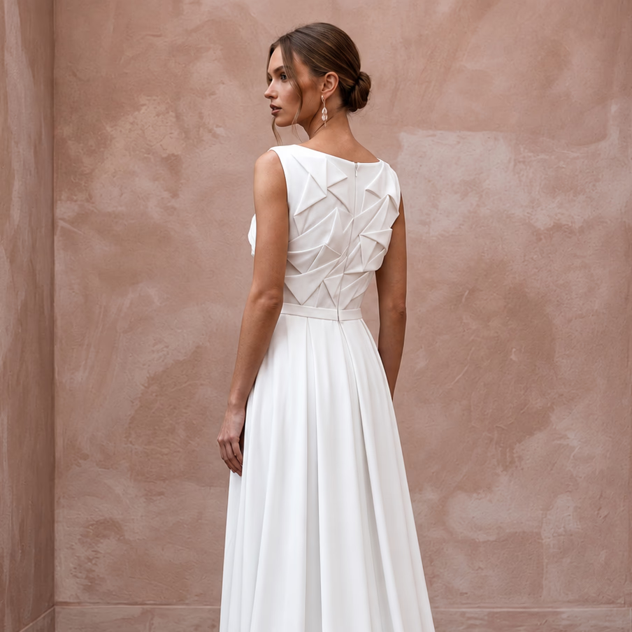 Modest Pure White Georgette Bateau Neck Pleated Ceremony Gown
