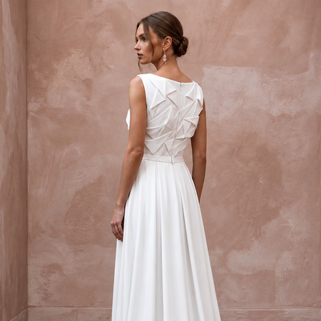 Modest Pure White Georgette Bateau Neck Pleated Ceremony Gown