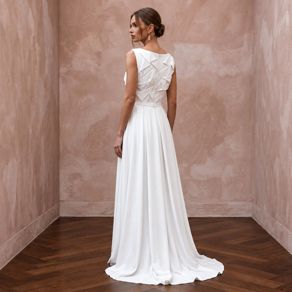 Modest Pure White Georgette Bateau Neck Pleated Ceremony Gown