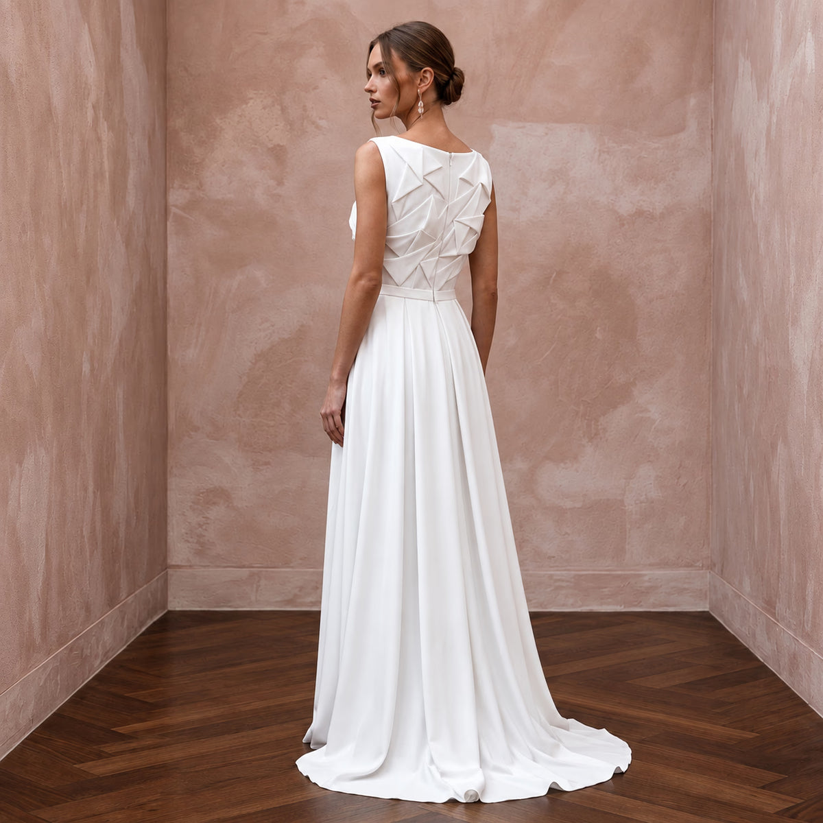 Modest Pure White Georgette Bateau Neck Pleated Ceremony Gown