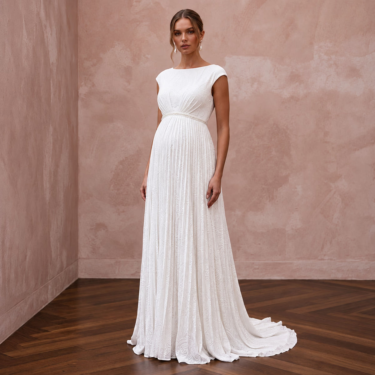 Modest Pure White Georgette Bateau Neck Pleated Maternity Gown