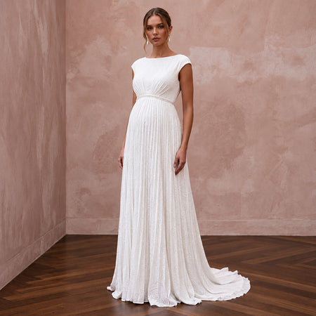 Modest Pure White Georgette Bateau Neck Pleated Maternity Gown