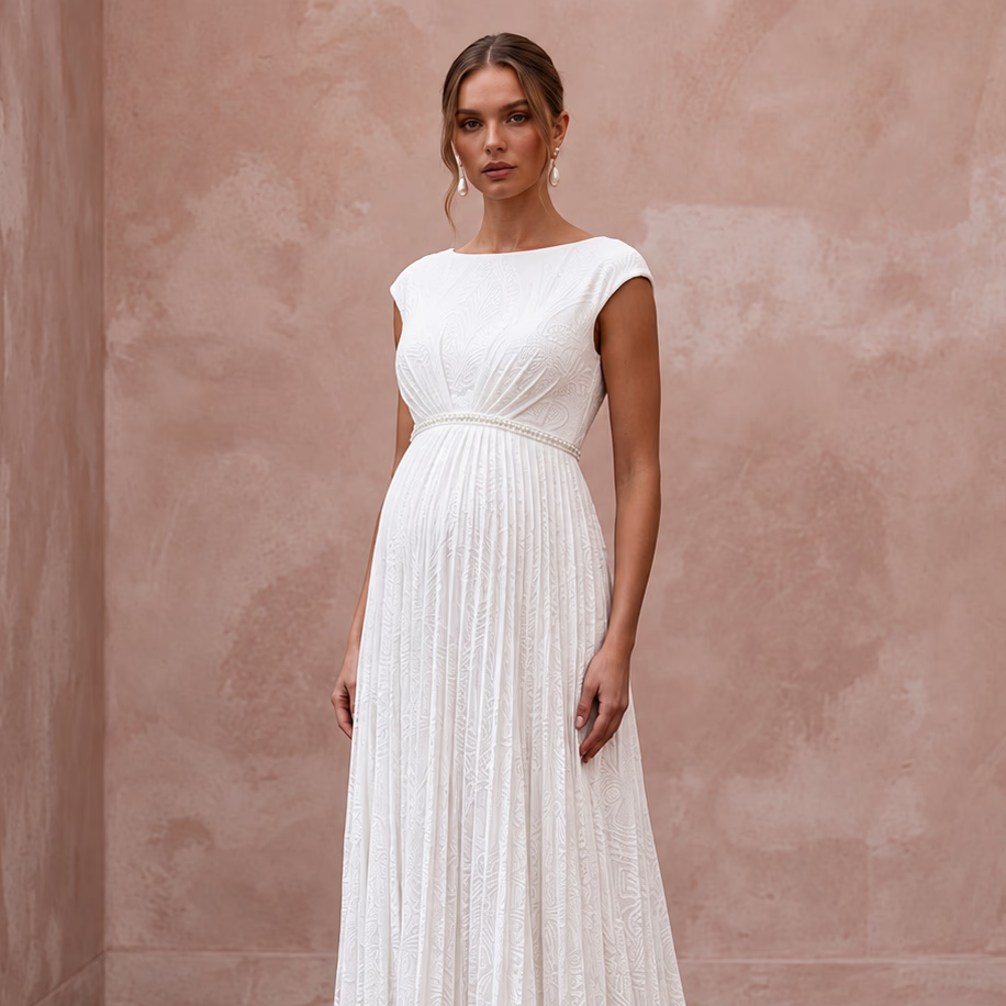 Modest Pure White Georgette Bateau Neck Pleated Maternity Gown