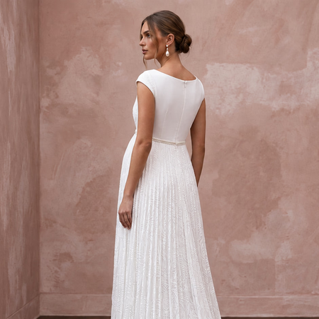 Modest Pure White Georgette Bateau Neck Pleated Maternity Gown