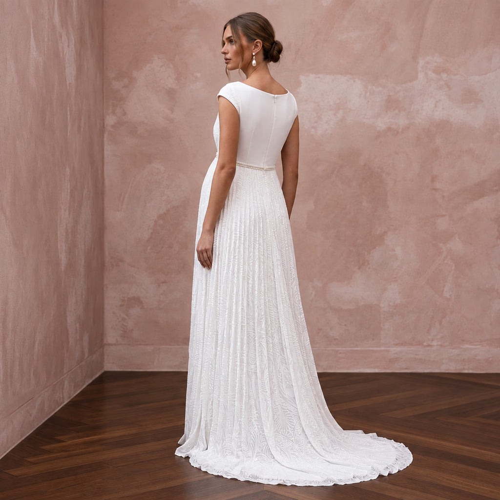 Modest Pure White Georgette Bateau Neck Pleated Maternity Gown