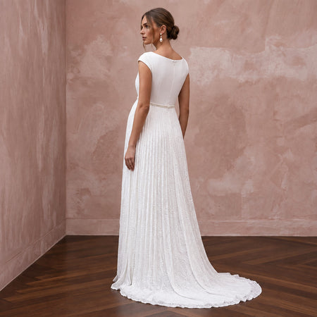 Modest Pure White Georgette Bateau Neck Pleated Maternity Gown