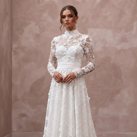 Modest Pure White Lace Applique Long Sleeve High Neck Dress