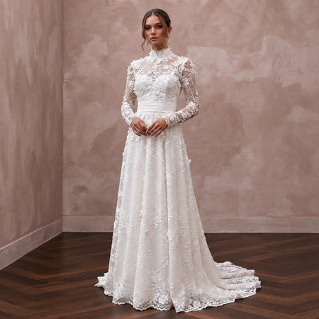 Modest Pure White Lace Applique Long Sleeve High Neck Dress