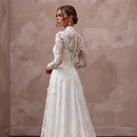 Modest Pure White Lace Applique Long Sleeve High Neck Dress