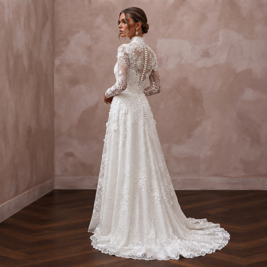 Modest Pure White Lace Applique Long Sleeve High Neck Dress